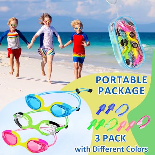 XDX Kids Swim Goggles 3-Pack Multicolor - Adjustable Anti-Fog, No Leaks for Ages 3-14