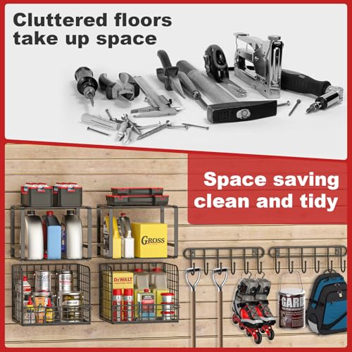 TomCare 2 Pack Garage Shelving Heavy Duty Garage Storage Shelves with Wire Baskets Laundry Room Shelves Wall Mounted shelving Tool Organizer for Shed Garden Kitchen Organization and Storage