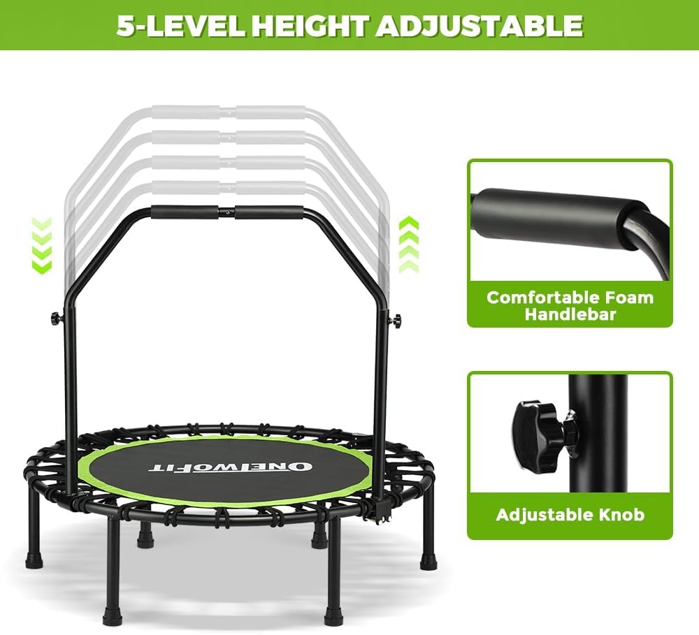 ONETWOFIT Foldable Rebounder Trampoline for Adults, 40/42/45” Mini Fitness Trampoline W/Adjustable Foam Handle Bungees, Quiet Exercise Trampoline for Personal Indoor Workout (40IN-with Handle)