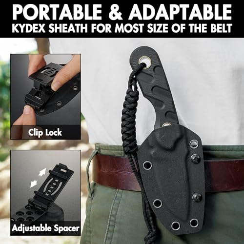 FLISSA 7-inch Full Tang Fixed Blade Survival Knife with Kydex Sheath & Emergency Rope