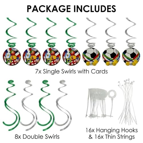 Soccer Party Hanging Swirl Decorations - 15 Piece Football Theme Set