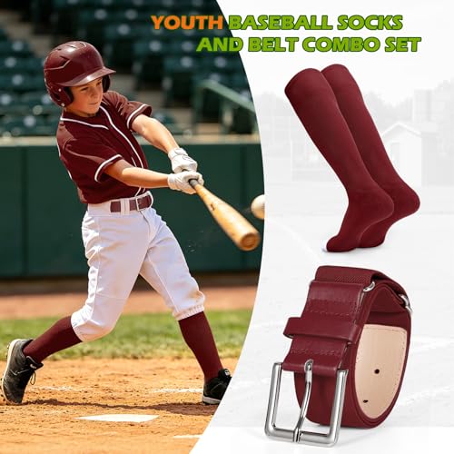 Baseball Softball Socks and Belt Combo Set - Knee-High, Medium, Wine Red