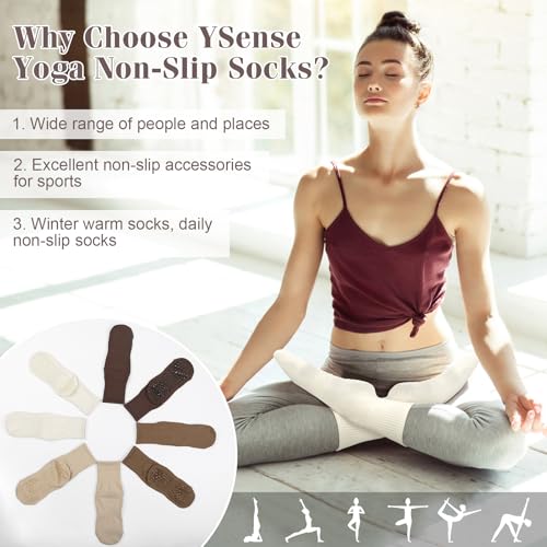 Grippy Pilates Socks for Women - Non-Slip Crew Socks, Brown/Dark Brown/White/Light Brown