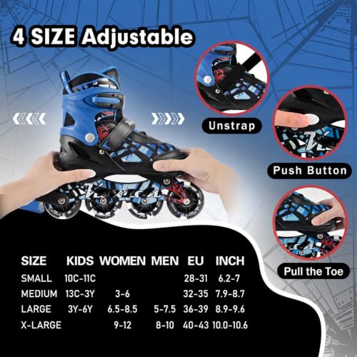 Kuxuan Kids Adjustable Inline Skates with Light-Up Wheels - Spider Blue, Large (Ages 5-12)
