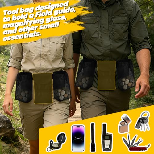 Hands-Free Rockhounding Waist Bag with 3 Mesh Pouches for Field Collecting