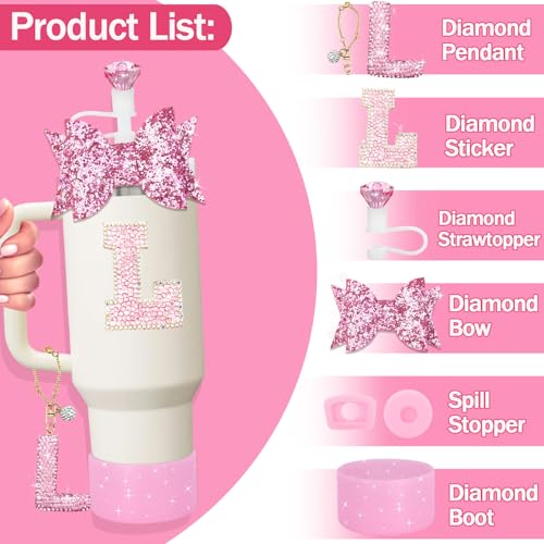 7-Piece Tumbler Accessory Set with Letter Charm and Silicone Boot - Pink L