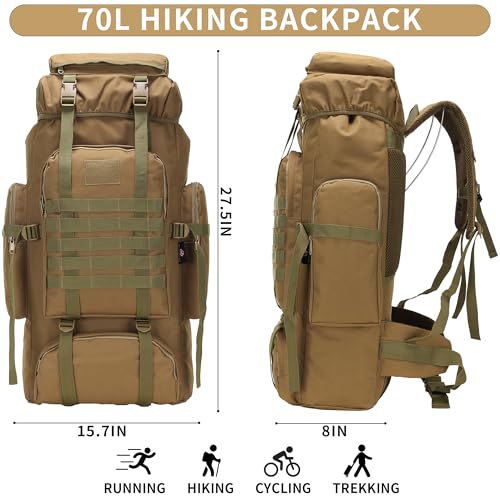 70L Khaki Hiking Backpack with Molle System, 3-Day Assault Pack for Men