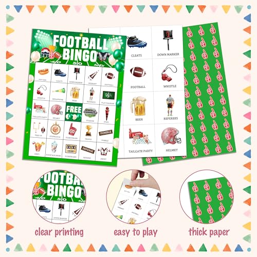 Football Bingo Game Set - 24 Player Party Cards for Kids & Adults - Football