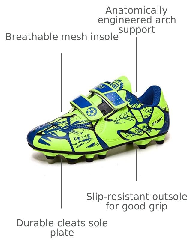 Kids Soccer Cleats for Boys & Girls, Firm Ground Turf & Indoor, Green Spikes - 4 Big Kid