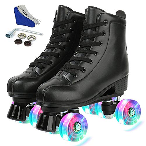 High Top PU Leather Roller Skates - Black Flash Wheel, Size 37