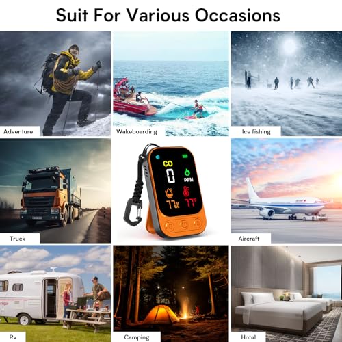 ???????????????? Portable Carbon Monoxide Detectors, 3 in 1 CO Monitor with Kickstand & Lanyard Gas Alarm [CO Temperature Humidity Sensor] 1000mah Battery for Indoor Outdoor Camping Travel RV Hotel