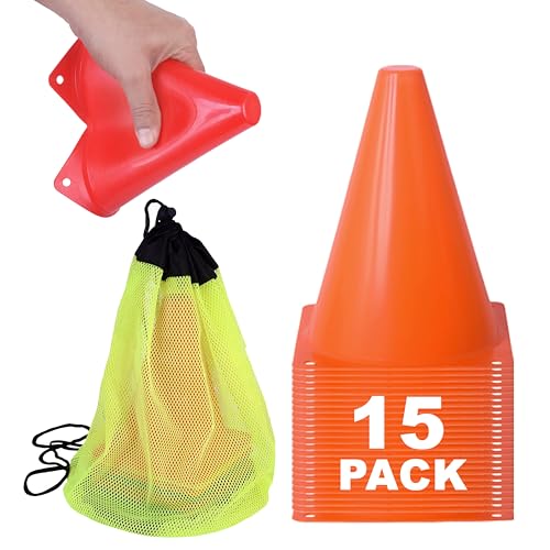 Durable Sports Training Cones - 7 Inch, 15 Pack, Orange