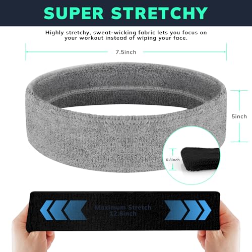 Moisture-Wicking Sweatbands - 3 Pack Terry Cloth Headbands