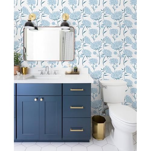 Hopepak Floral Peel and Stick Wallpaper Contact Paper Blue Wall Paper Modern Self Adhesive Removable Vinyl Wallpaper for Bedroom 17.3"x118"