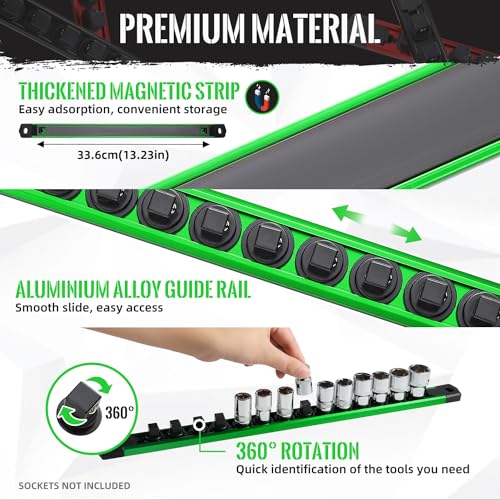 Magnetic Socket Organizer, 3-Piece Heavty Duty Aluminum Socket Holder, Socket Rail for Tool Box, Premium Quality 360¡Æ Swivel Socket Rack with 42 Clips for 3/8-Inch(Green)