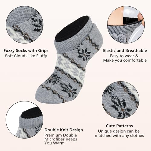 Non-Slip Slipper Socks for Women - Comfy Grippy Winter Socks - One Size Grey Black Snow