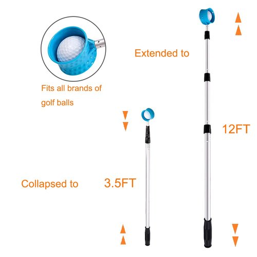 HOW TRUE Golf Ball Retriever, 12ft 15ft 18ft Aluminum Alloy Golf Ball Retriever Telescopic for Water Golf Ball Picker Grabber Golf Accessories Golf Gift (12ft)