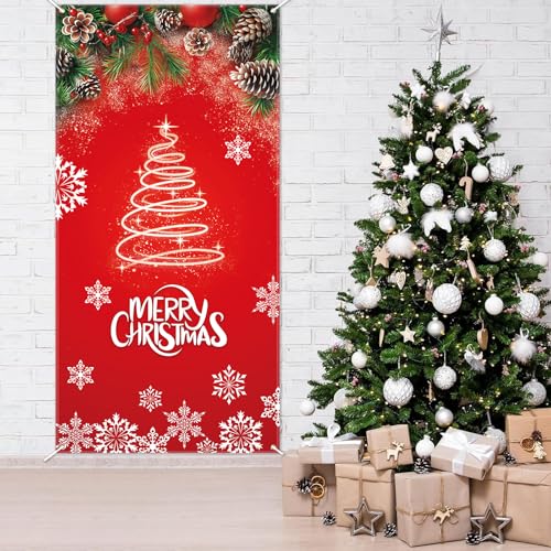 Merry Christmas Red Door Curtain, Holiday Privacy Backdrop Decoration