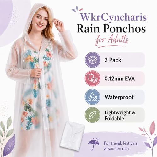 Reusable Waterproof Rain Ponchos for Adults - Translucent White (2 Pack)
