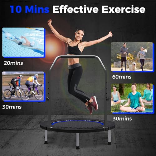 40" Mini Trampoline for Adults & Kids - Blue - Rebounder with Bar