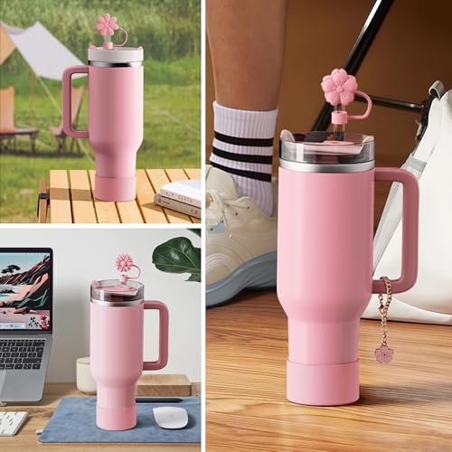 Stanley Cup Accessories Set - 3 Flower Straw Toppers, Silicone Boot, Spill-Proof Stoppers & Charms - Pink