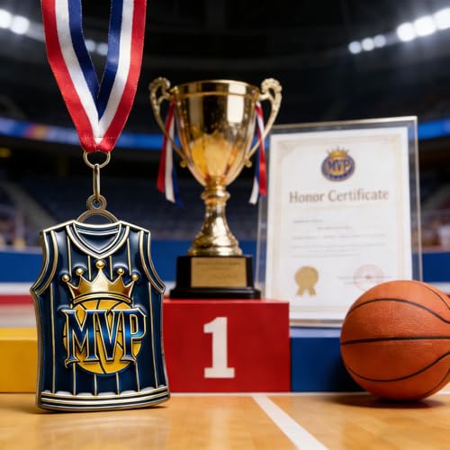 Basketball MVP Medal with Red White Blue Ribbon - Award Trophy