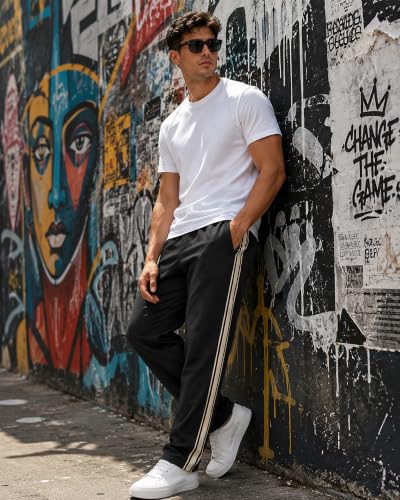 Men's Baggy Open Bottom Sports Sweatpants with Side Stripes