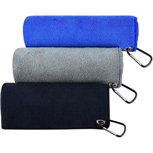 Beelvtifl 16x16in Fishing Towel 3-Pack with Carabiner Clip - Microfiber Quick-Dry, Grey/Blue/Black