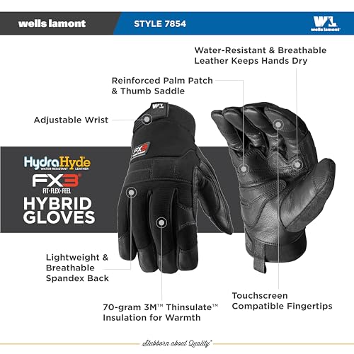 Wells Lamont FX3 Men's HydraHyde Leather Palm Winter Work Gloves, Extra Large (7854XL), Black