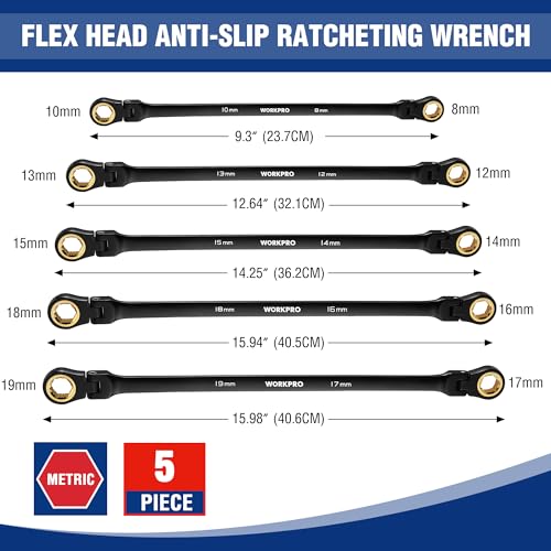 WORKPRO Metric Extra Long Flex-Head Ratcheting Wrench Set, 5-Piece, Anti-Slip, 8-19mm