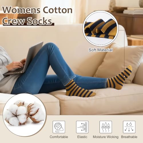 6 Pairs Women's Striped Crew Socks - Blue, Green, Yellow, Red, Dark Coffee, Light Coffee