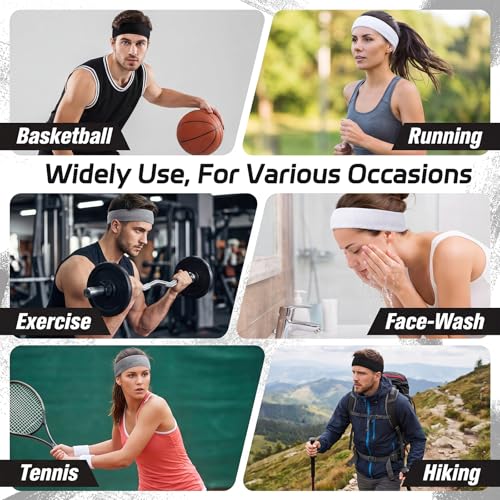 5-Pack Sweatbands - Terry Cotton Headbands for Running, Gym - 2 Black, 2 Gray, 1 White