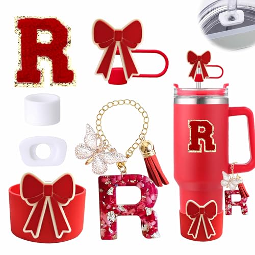 6-Piece Tumbler Accessory Set with Bow Boot & Straw Topper - Red Initial R