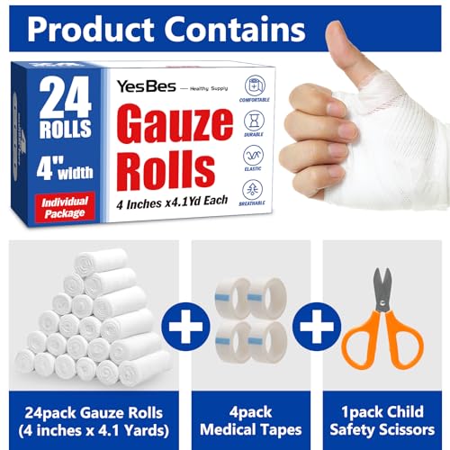 YesBes 24 Pack Gauze Rolls, 4 in x 4.1 Yards, Premium Wrap Roll for