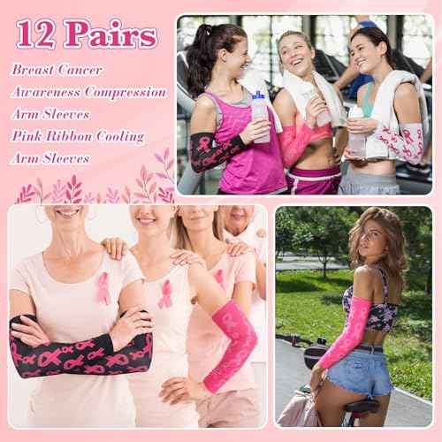 Handepo 12 Pairs Pink Football Arm Sleeves Youth Breast Cancer Awareness Football Arm Sleeves Bulk for Youth Women Men