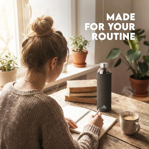 18 oz Borosilicate Glass Water Bottle with Neoprene Sleeve - Black
