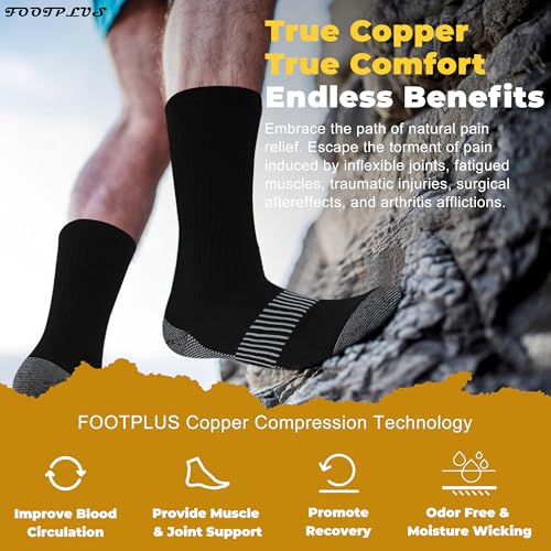 FOOTPLUS XX-Large 6 Pairs Hiking Copper Compression Socks Unisex Cushioned Arch Support Crew