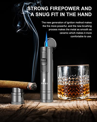 XIFEI Gun Ash Cigar Lighter with Puncher, Draw Enhancer & Stand – Refillable Windproof Torch