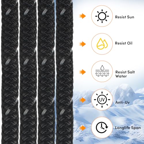 ORLANG 1/2 Inch x 100 Ft Double Braided Marine Anchor Rope with Reflective Strip, Stainless Steel Thimble & Shackle for Boating & Mooring, Black