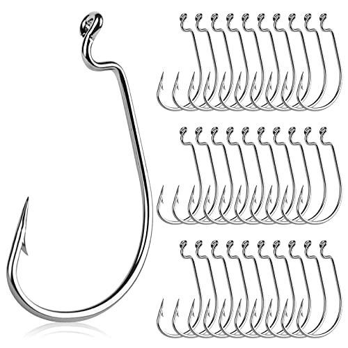 EWG Offset Worm Fishing Hooks 2/0 - 30pcs for Bass Fishing