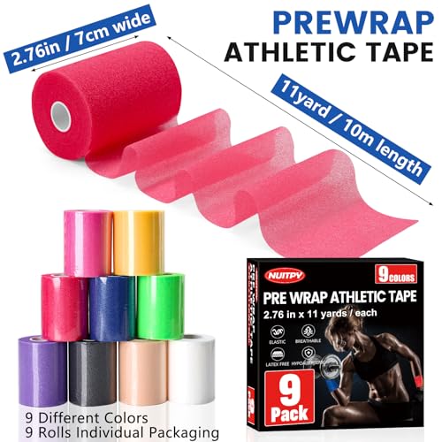 9 Pack Pre Wrap Athletic Tape - 2.76 Inch x 11 Yards, 9 Colors