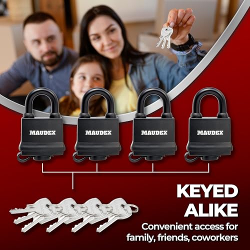 Maudex¢ç IP450 Heavy Duty Padlocks 4-Pack with 12 Same Keys - Weatherproof Outdoor Locks with Hardened Steel Shackle, Waterproof Protection for Gates, Sheds, Fences, Storage Units