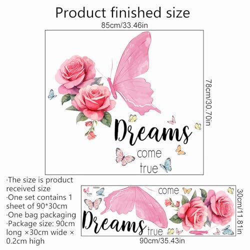 Pink Rose Butterfly Inspirational Quotes Wall Stickers, sacinora DIY Dreams Come True Wall Decals Removable Vinyl Peel and Stick for Living Room Bedroom Kids Baby Nursery Art Decorations