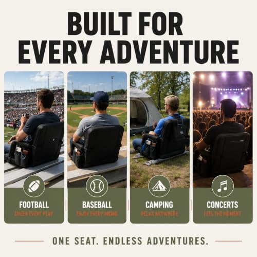 Extra Wide Stadium Seats with Thick Cushion & Back Support - Black 2-Pack