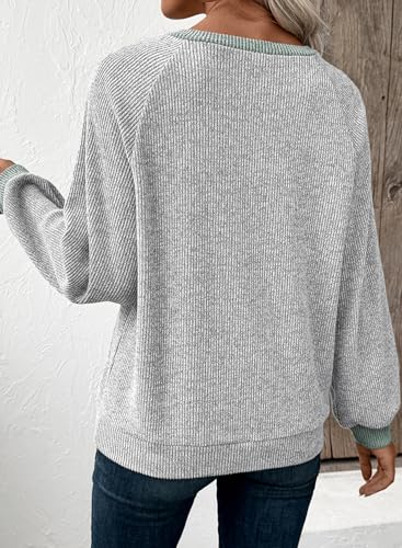 EVALESS Women's V-Neck Button Knit Sweatshirt - Light Grey, Medium Fall Top