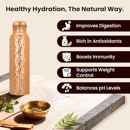 Natural Copper Water Bottle Set of 2 - 32oz Pure Handcrafted Travel & Drinkware