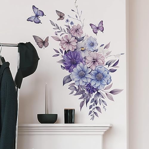 Blue Purple Daisy Flower Wall Stickers, sacinora Watercolor Chrysanthemum Butterfly Floral Art Wall Decals Removable Vinyl Peel and Stick for Living Room Bedroom Nursery Playroom Decorations