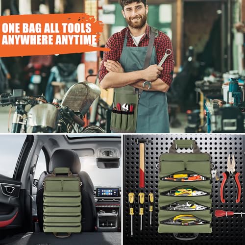 Roll Up Tool Bag-Gifts For Men Dad Husbands Him, Father's Day Birthday Gifts For Men, Heavy Duty Tool Organizer Bag With 2 Detachable Pouches Mechanic Carpenter (Green)