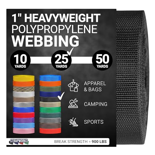 1" x 25 Yard Heavy Duty Polypropylene Webbing Black - Outdoor DIY Strapping