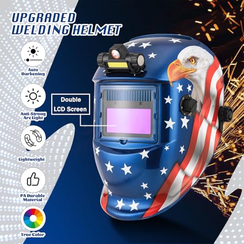 WR01A Welding Helmet Auto Darkening with LED Light True Color Solar Powered Welder Hood with Adjustable Shade Range 4/9-13 for Mig Tig Arc Welding Mask (Blue Eagle II)